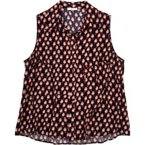 Halo Bird Print Women's XL Sleeveless Buttoned Blouse Black Red Brown G1043LJS12